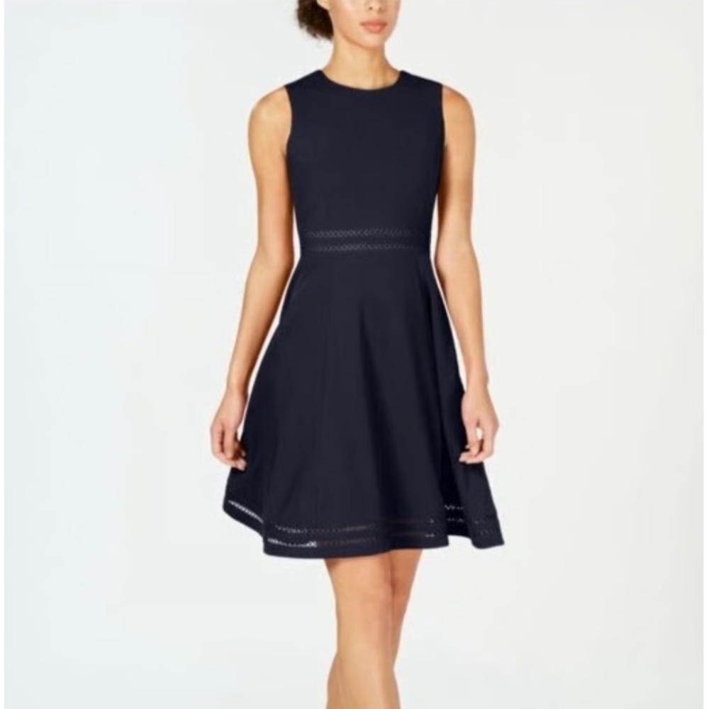 Calvin Klein Fit and Flare Dress Size 2 Black NEW Lattice Trim Sleeveless Career